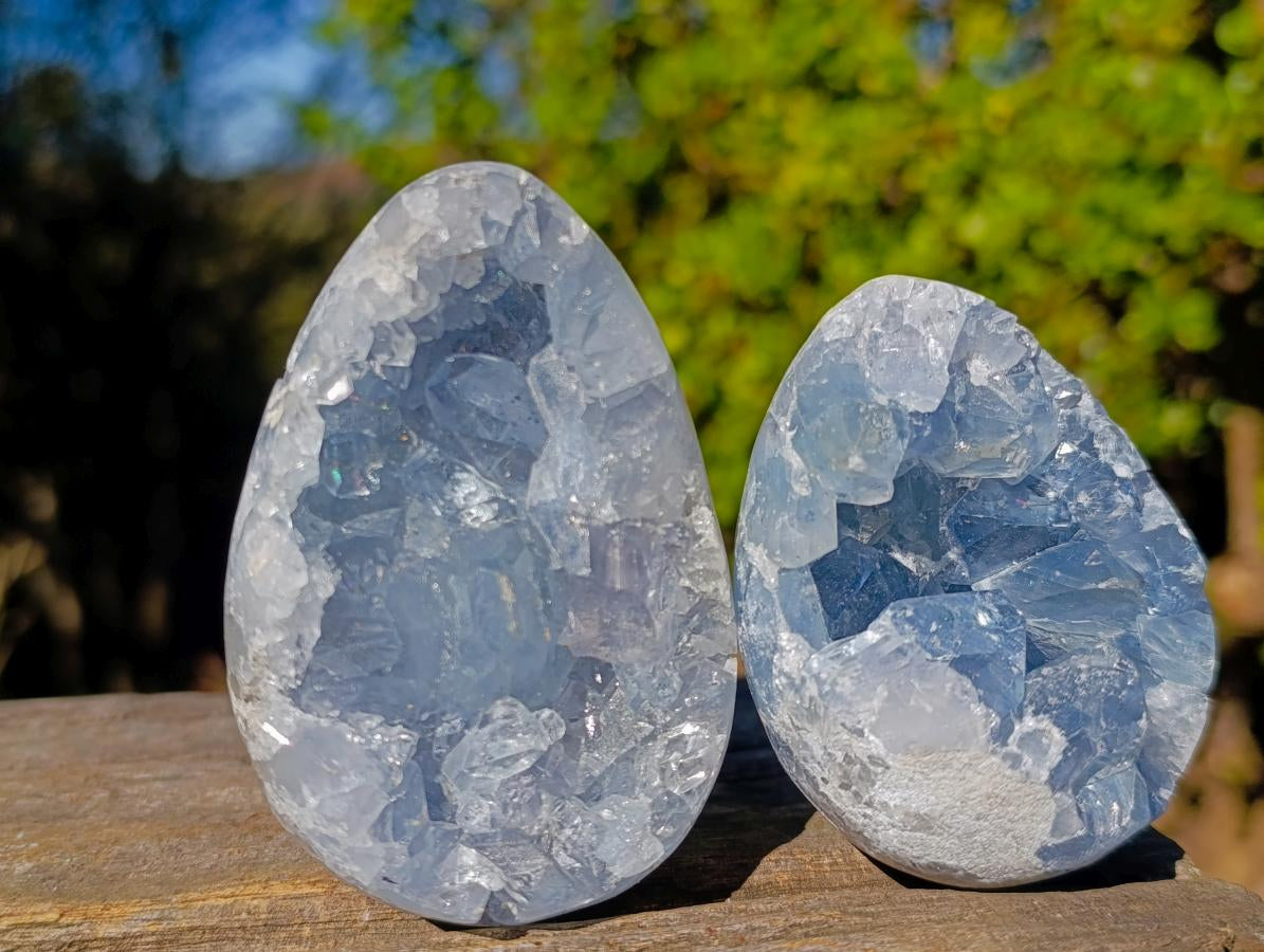 Polished and Natural Blue Celestite Eggs x 6 From Sakoany, Madagascar