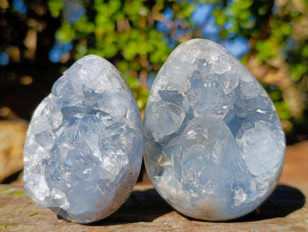 Polished and Natural Blue Celestite Eggs x 6 From Sakoany, Madagascar