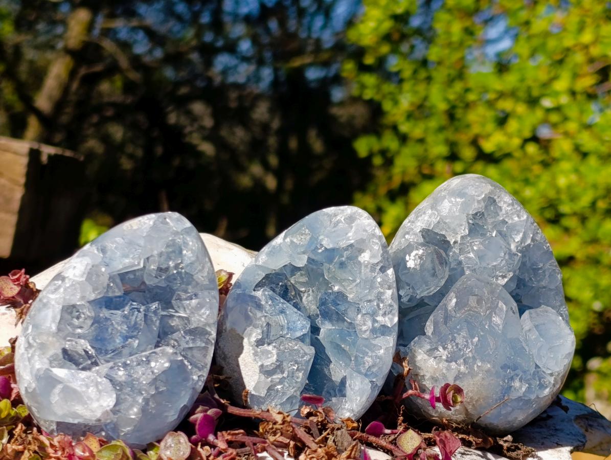 Polished and Natural Blue Celestite Eggs x 6 From Sakoany, Madagascar