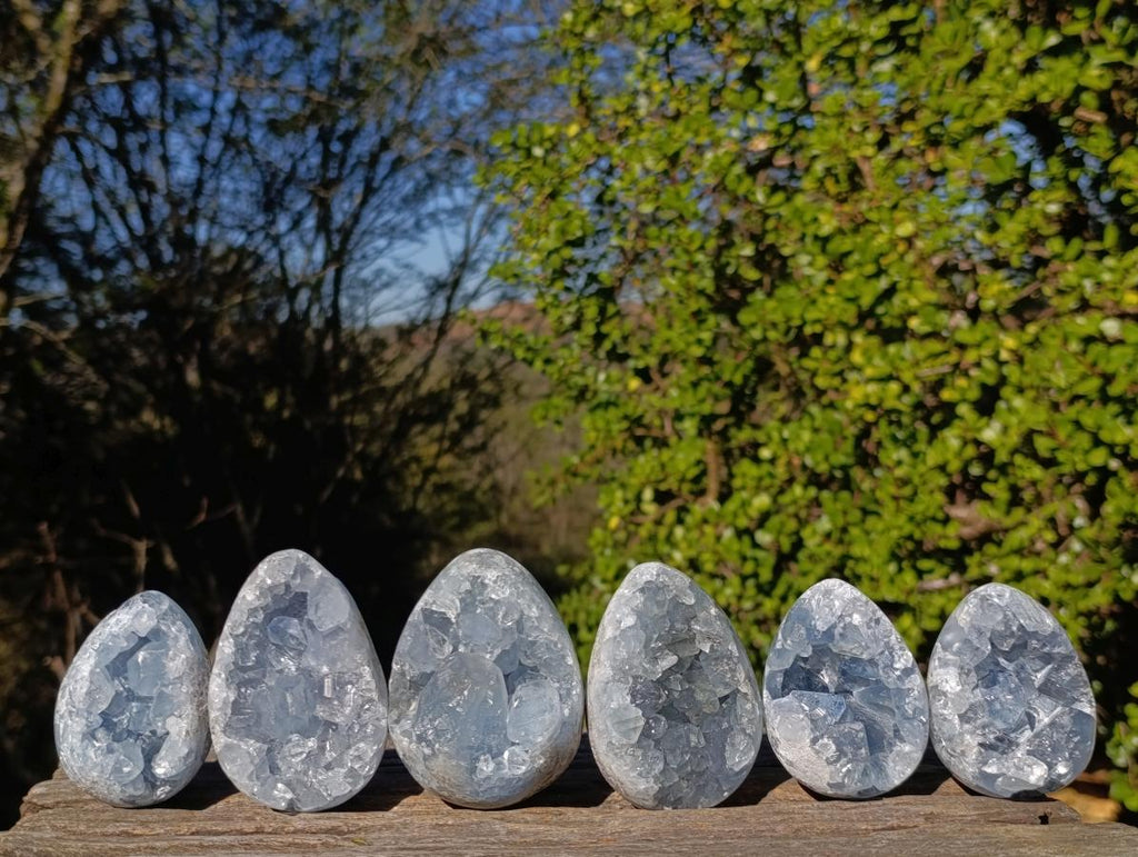 Polished and Natural Blue Celestite Eggs x 6 From Sakoany, Madagascar