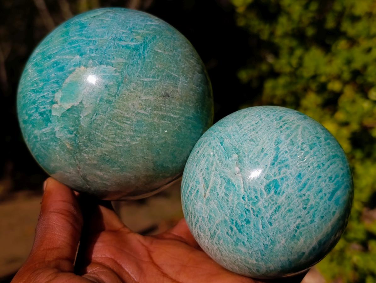 Polished Amazonite Spheres x 2 From Madagascar