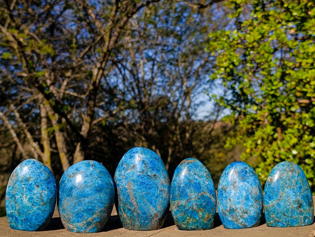 Polished Blue Apatite Standing Display Pieces x 6 From Betroka, Madagascar