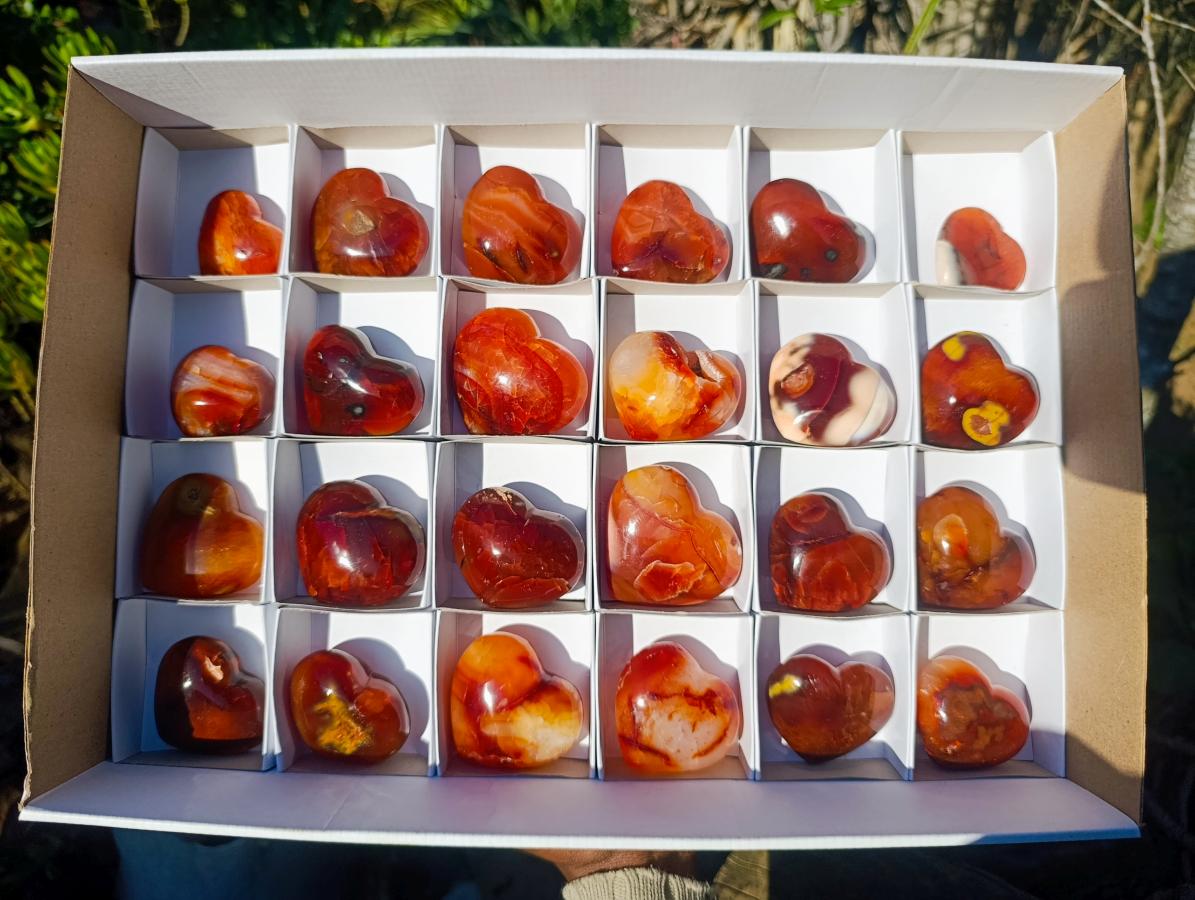 Polished Carnelian Agate Gemstone Hearts x 24 From Madagascar