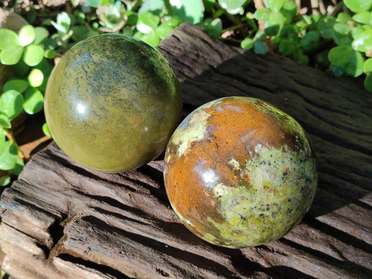 Polished Green Opal Spheres x 2 From Betroka, Madagascar - Toprock Gemstones and Minerals 