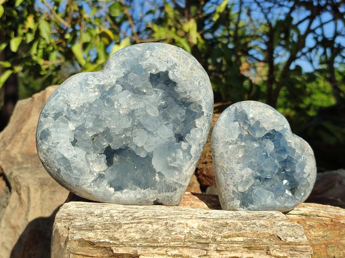 Polished Blue Celestite Geode Hearts x 2 From Sakoany, Madagascar - Toprock Gemstones and Minerals 