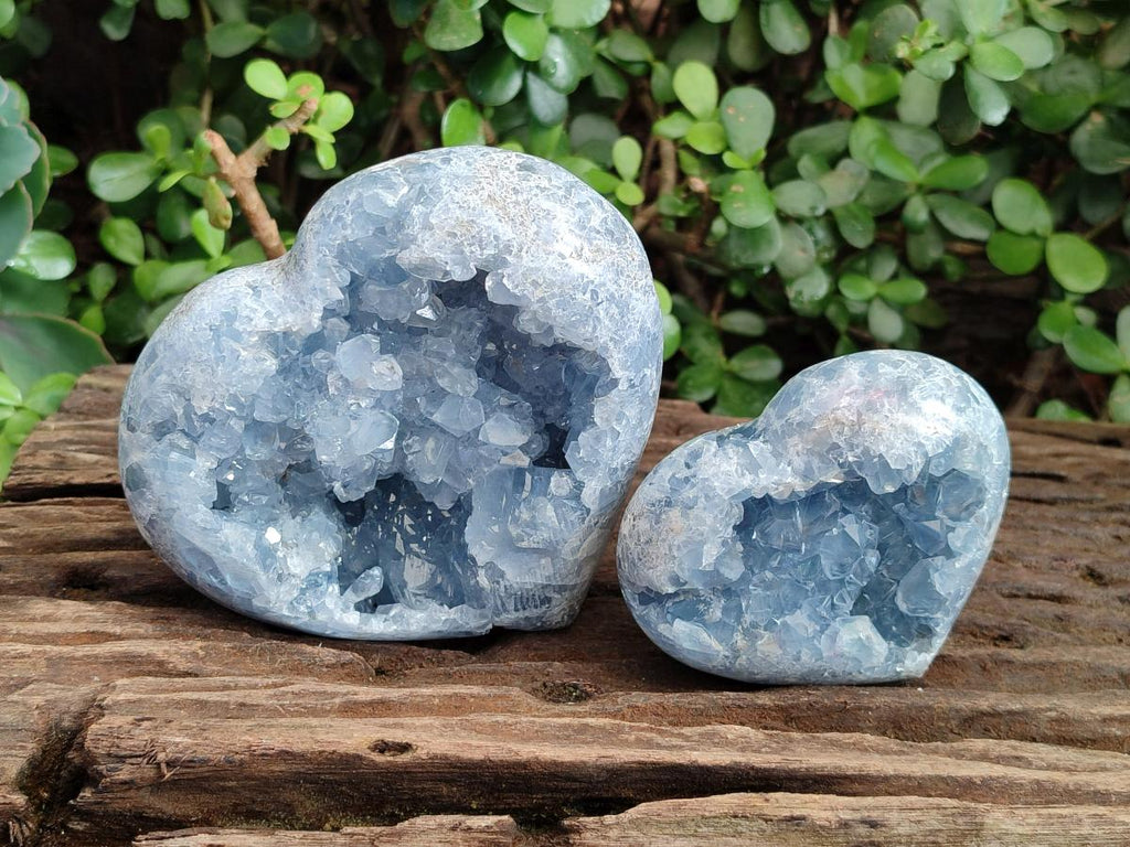 Polished Blue Celestite Geode Hearts x 2 From Sakoany, Madagascar - Toprock Gemstones and Minerals 