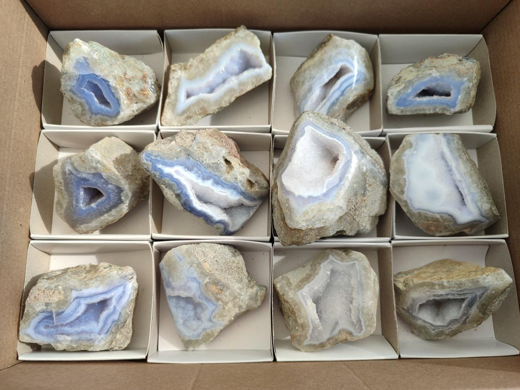 Polished On One Side Blue Lace Agate Geodes x 12 From Nsanje, Malawi - Toprock Gemstones and Minerals 