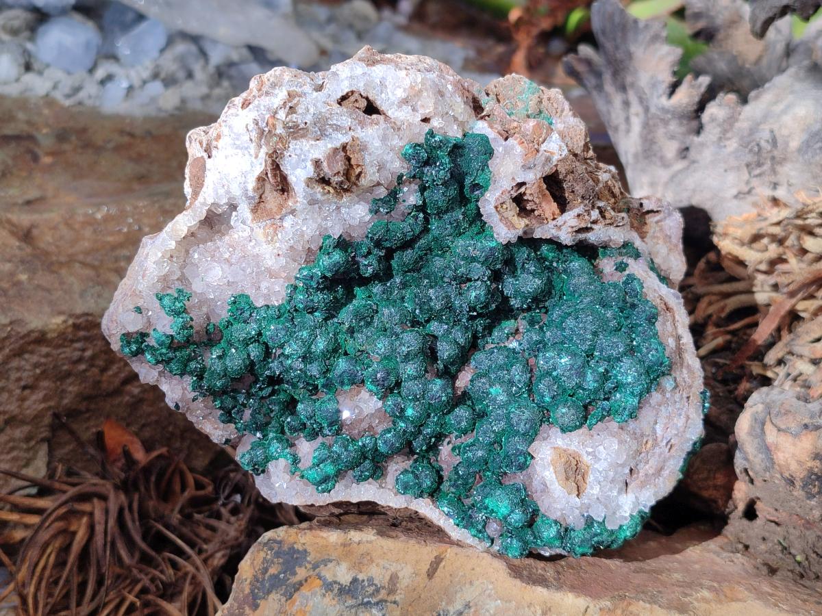 Natural Ball Malachite Specimen on White Quartz and Dolomite x 1 From Mindingi Mine, Kambove, Congo - Toprock Gemstones and Minerals 