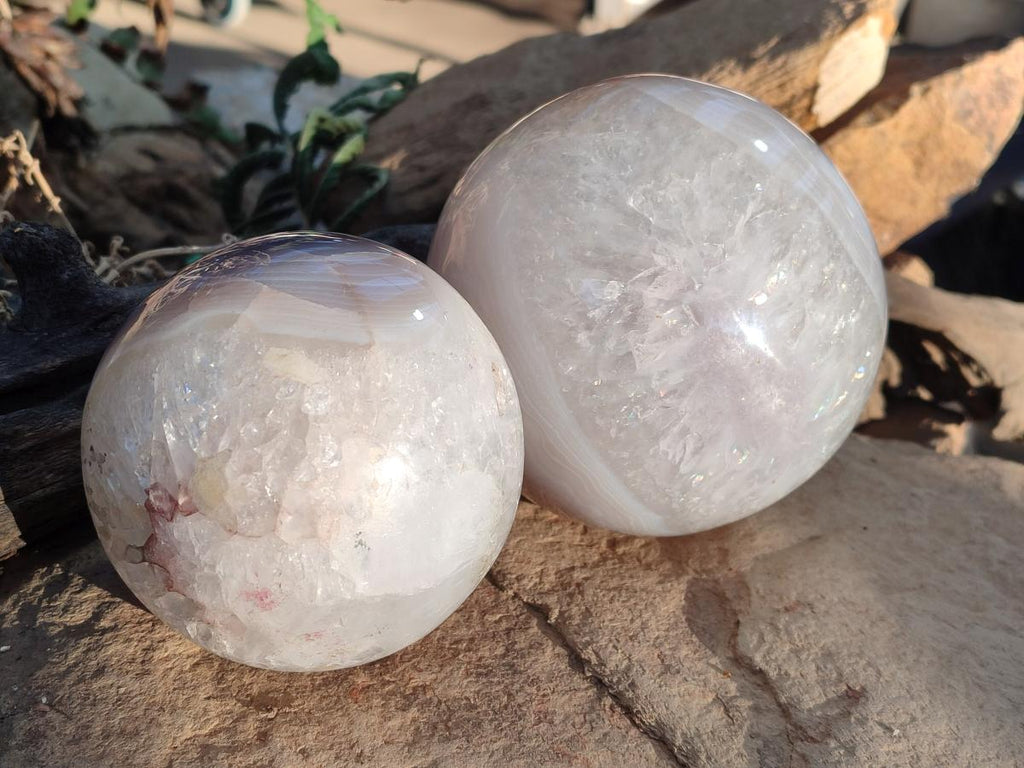 Polished Banded Agate Spheres with Quartz x 2 From Madagascar - Toprock Gemstones and Minerals 