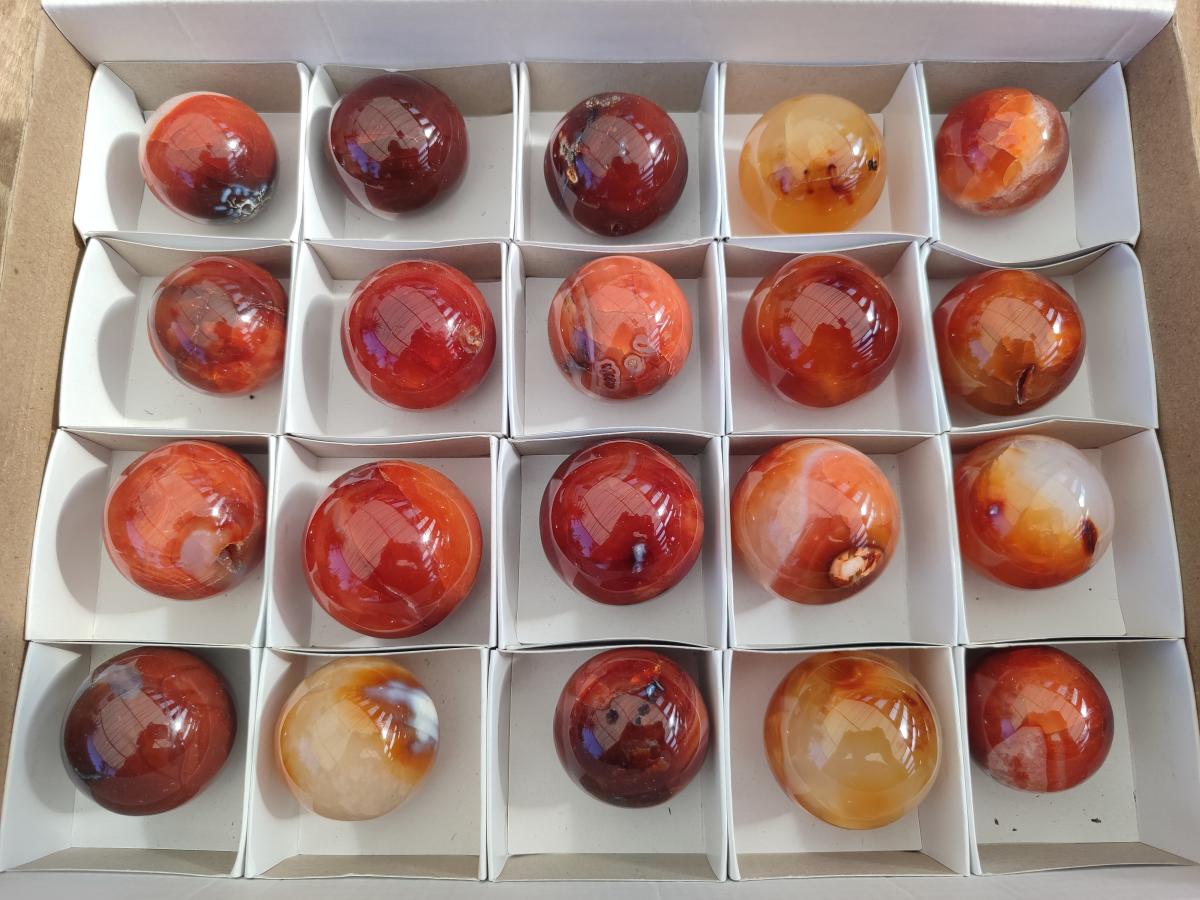 Polished Small Carnelian Agate Gemstone Spheres x 20 From Madagascar - Toprock Gemstones and Minerals 