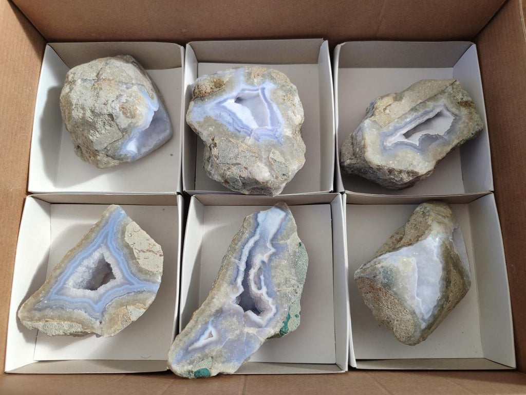 Polished on One Side Blue Lace Agate Geodes x 6 From Nsanje, Malawi - Toprock Gemstones and Minerals 