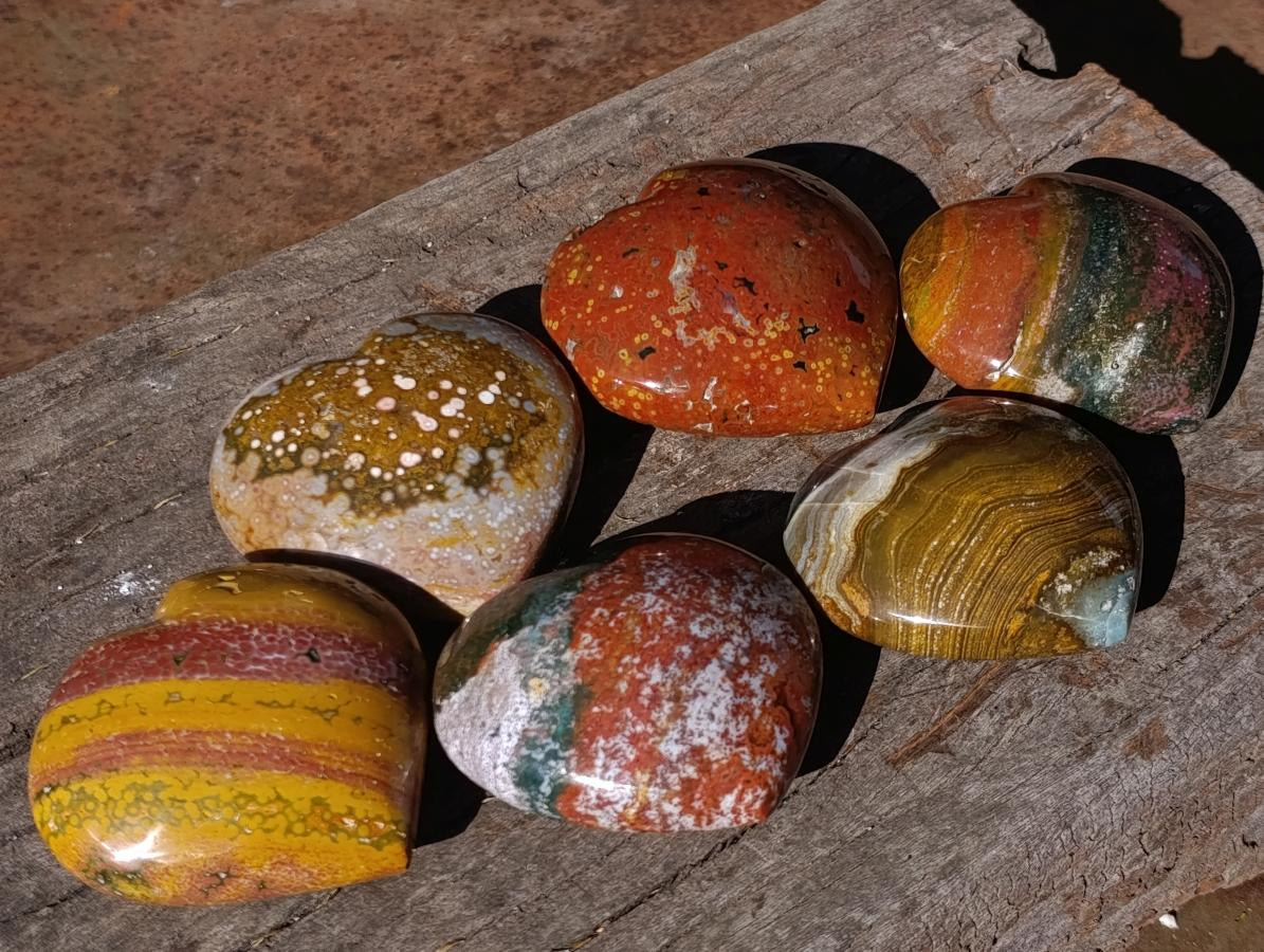 Polished Ocean Jasper Hearts x 6 From Northwest Coast, Madagascar - Toprock Gemstones and Minerals 