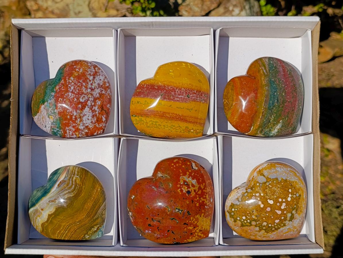 Polished Ocean Jasper Hearts x 6 From Northwest Coast, Madagascar - Toprock Gemstones and Minerals 