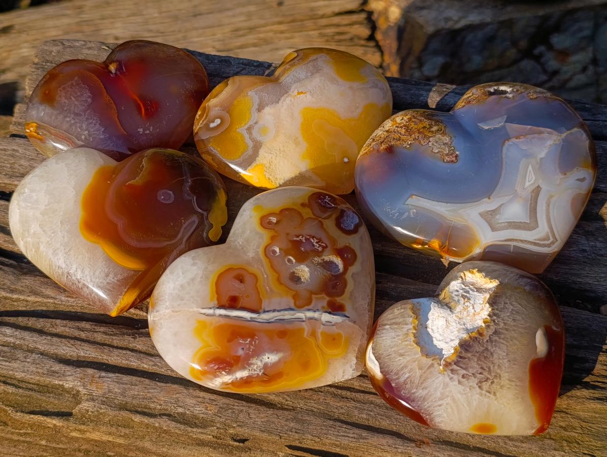Polished Large Lemur Island Carnelian Agate Crystalline Hearts x 6 From Nosy Varika, Madagascar - Toprock Gemstones and Minerals 