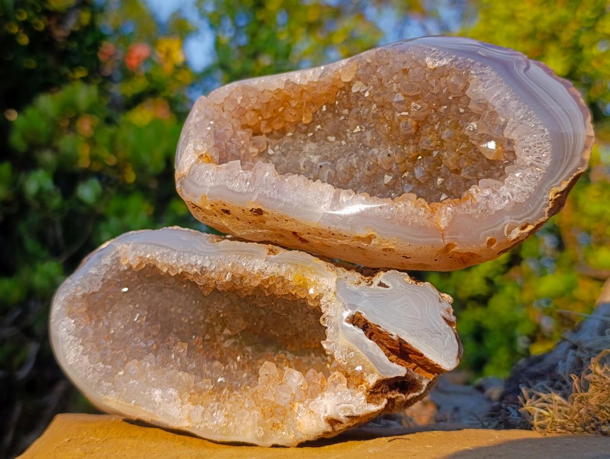 Polished and Natural Agate with Crystalline Geode Centres x 3 From Maintirano, Madagascar - Toprock Gemstones and Minerals 