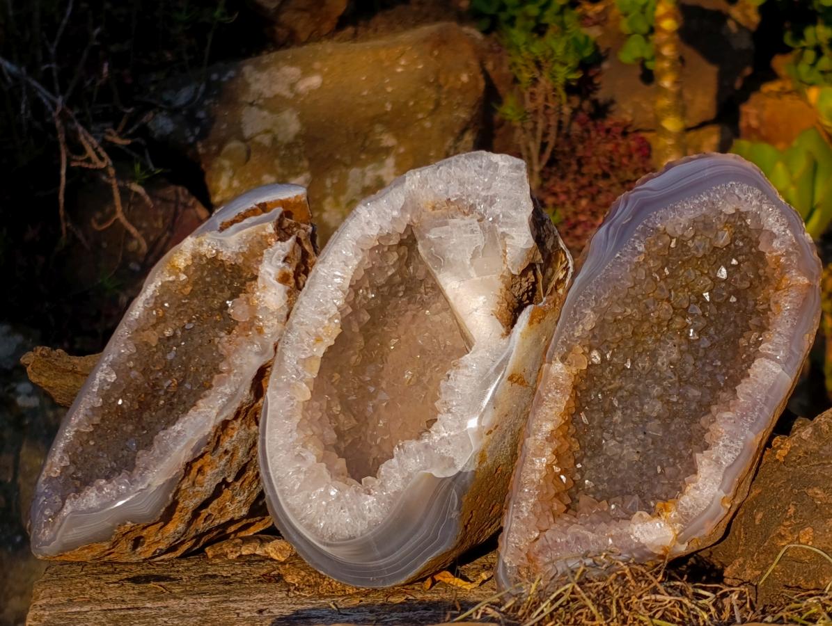 Polished and Natural Agate with Crystalline Geode Centres x 3 From Maintirano, Madagascar - Toprock Gemstones and Minerals 