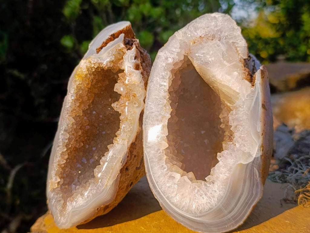 Polished and Natural Agate with Crystalline Geode Centres x 3 From Maintirano, Madagascar - Toprock Gemstones and Minerals 