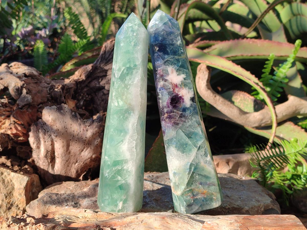 Polished Watermelon Fluorite Display Crystal Towers x 2 From Uis, Namibia - Toprock Gemstones and Minerals 