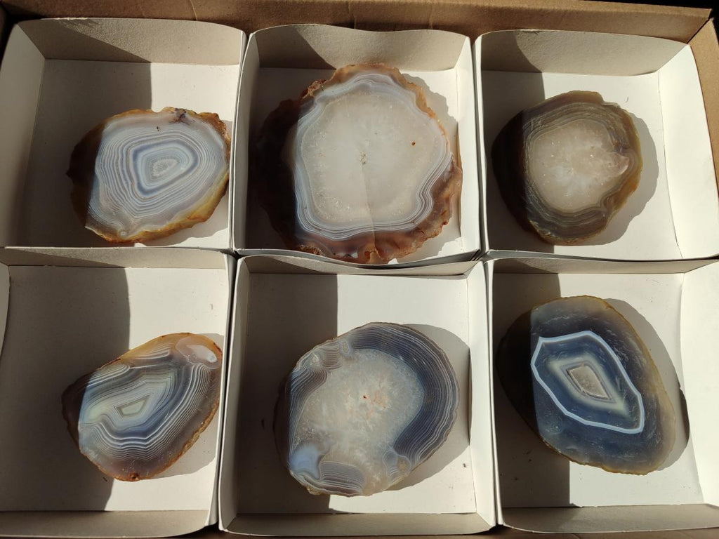 Polished Banded Agate Slices with Natural Edging x 6 From Madagascar - Toprock Gemstones and Minerals 