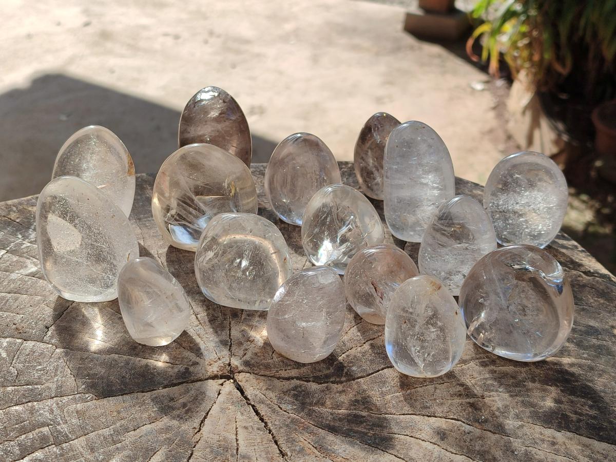 Polished Smokey Quartz and Clear Quartz Standing Display Pieces x 16 From Madagascar - Toprock Gemstones and Minerals 
