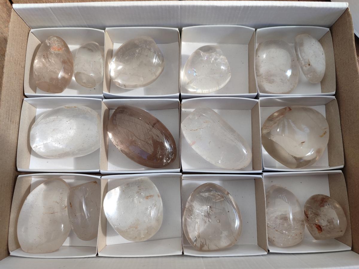Polished Smokey Quartz and Clear Quartz Standing Display Pieces x 16 From Madagascar - Toprock Gemstones and Minerals 