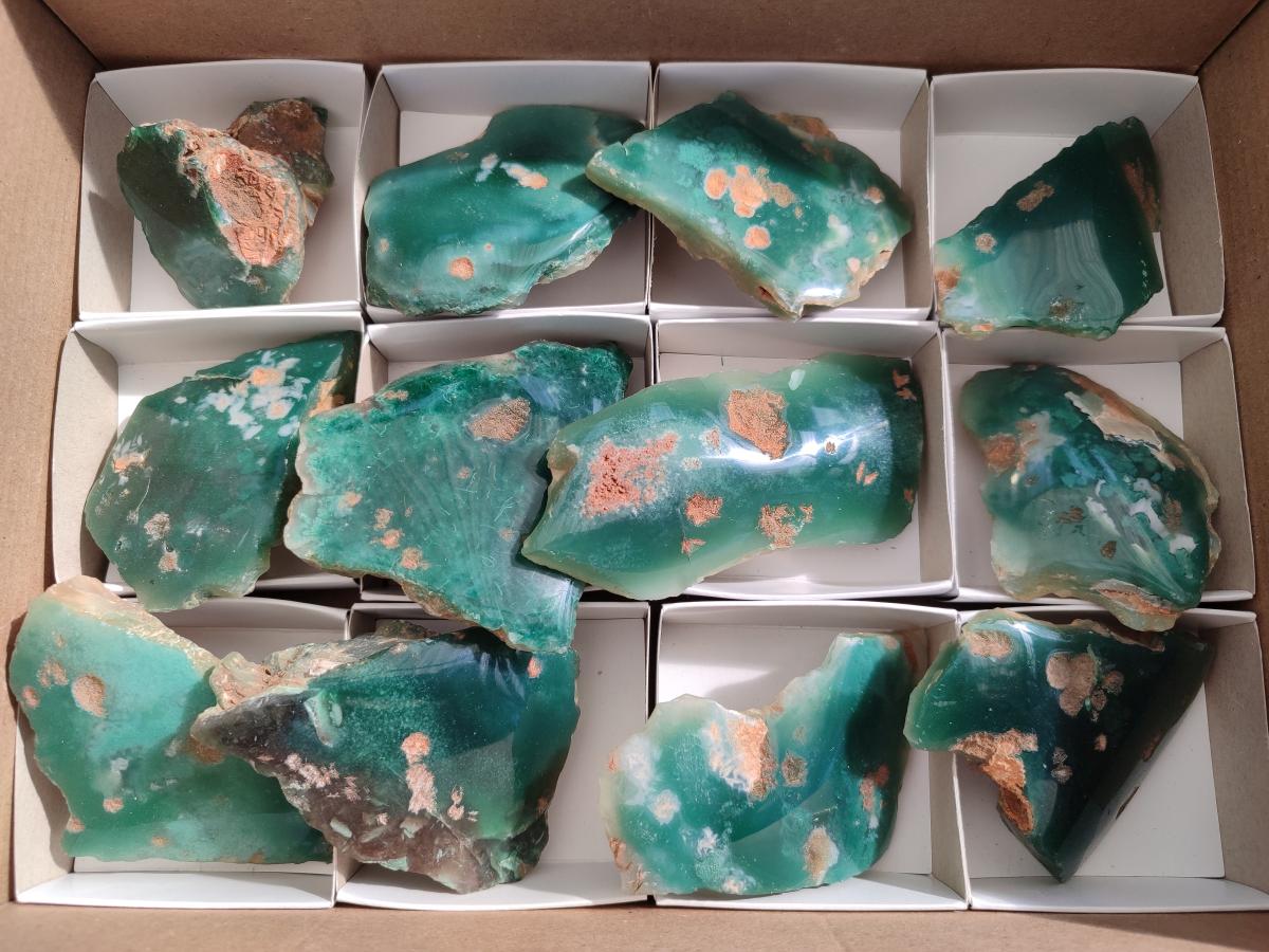 Polished On One Side Mtorolite Chrysoprase Slices x 12 From Mutorashanga, Zimbabwe - Toprock Gemstones and Minerals 