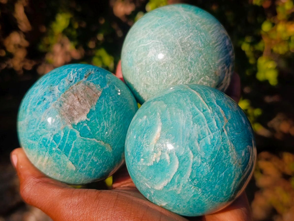Polished Amazonite Spheres x 3 From Madagascar - Toprock Gemstones and Minerals 