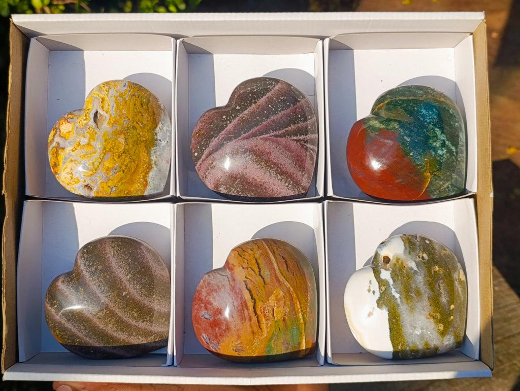 Polished Ocean Jasper Hearts x 6 From Northwest Coast, Madagascar - Toprock Gemstones and Minerals 