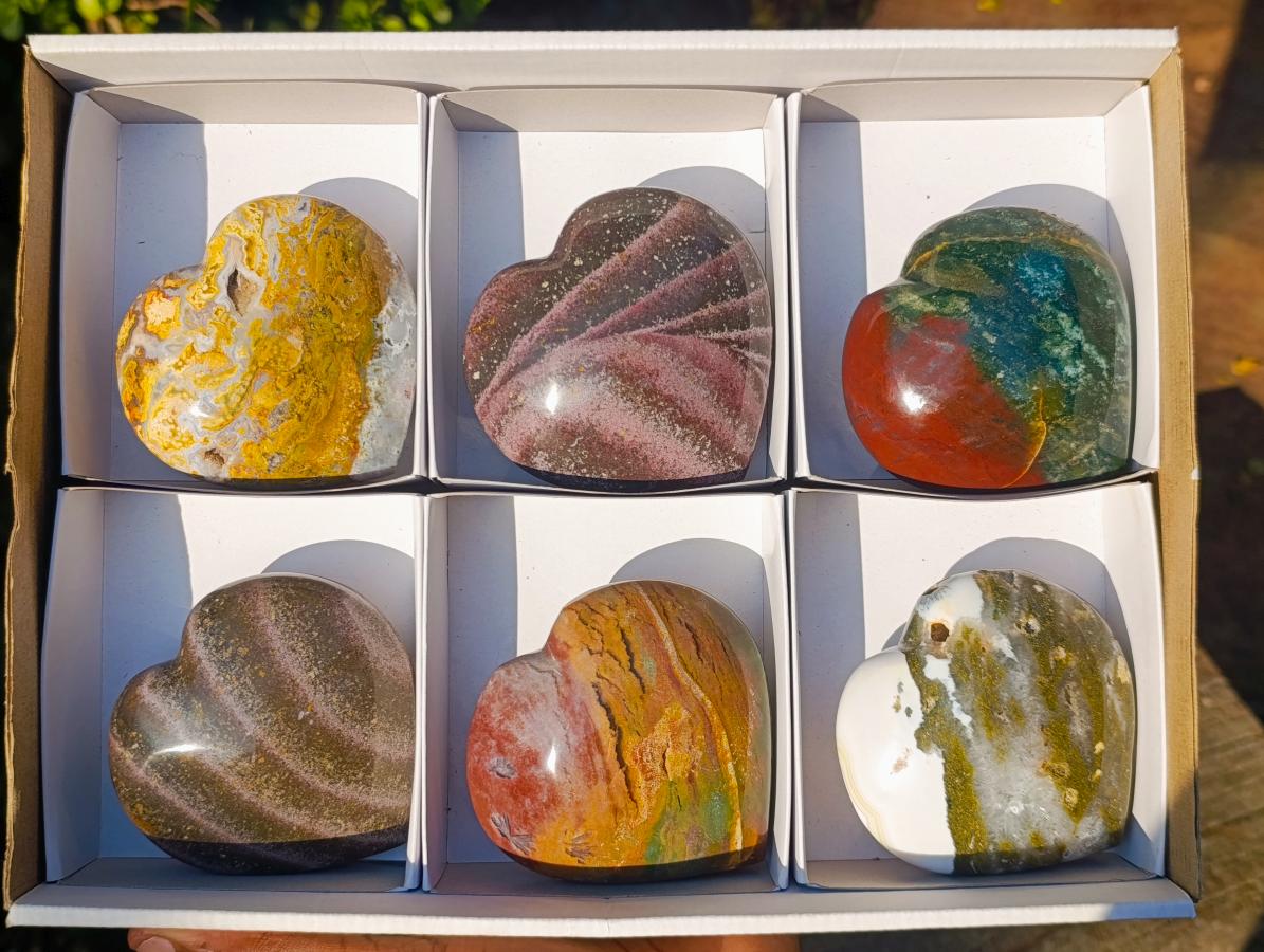 Polished Ocean Jasper Hearts x 6 From Northwest Coast, Madagascar - Toprock Gemstones and Minerals 