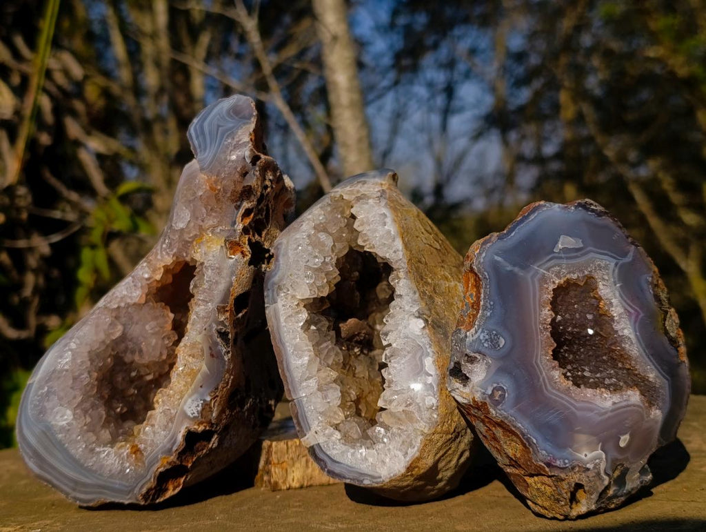 Polished Banded Agate Nodules with Crystalline Geode Centres x 3 From Maintirano, Madagascar - Toprock Gemstones and Minerals 