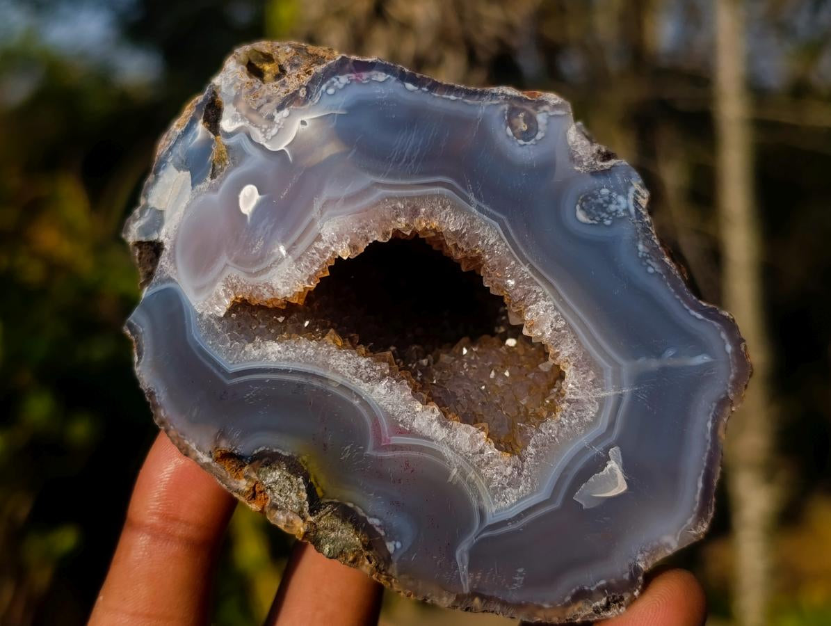 Polished Banded Agate Nodules with Crystalline Geode Centres x 3 From Maintirano, Madagascar - Toprock Gemstones and Minerals 
