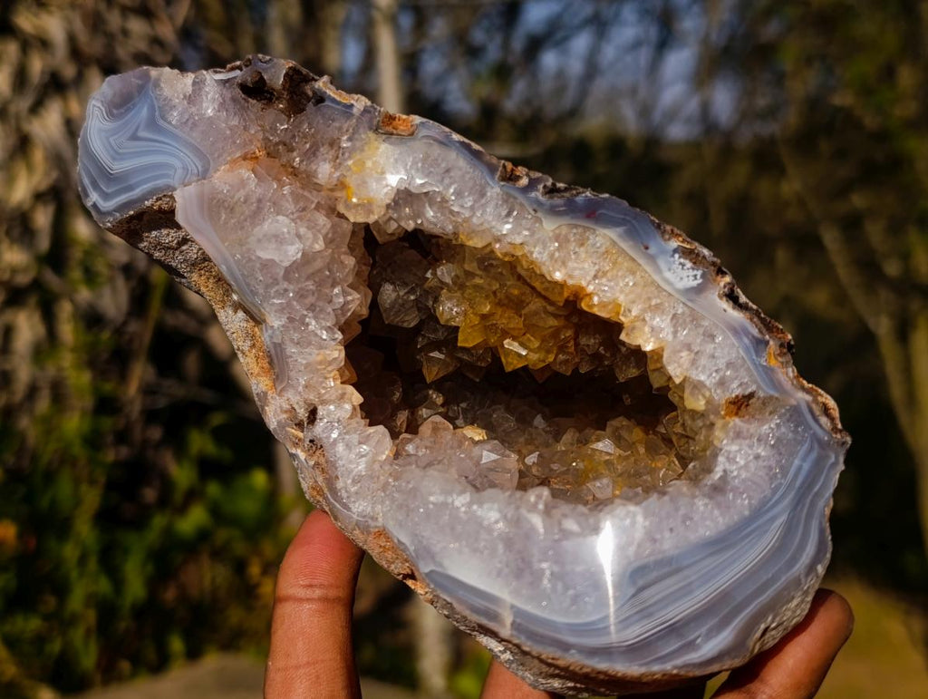 Polished Banded Agate Nodules with Crystalline Geode Centres x 3 From Maintirano, Madagascar - Toprock Gemstones and Minerals 