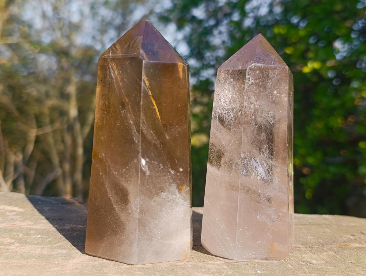 Polished Smokey Quartz Display Crystals with Rainbow Veils x 3 From Madagascar - Toprock Gemstones and Minerals 