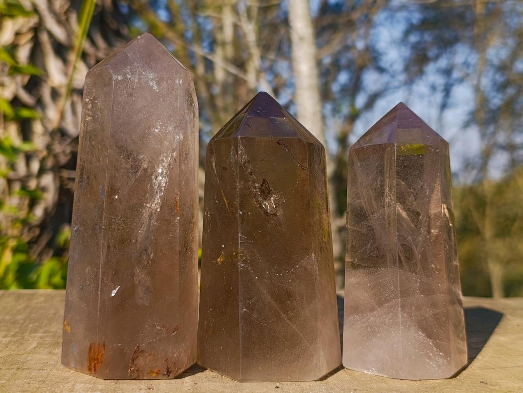 Polished Smokey Quartz Display Crystals with Rainbow Veils x 3 From Madagascar - Toprock Gemstones and Minerals 