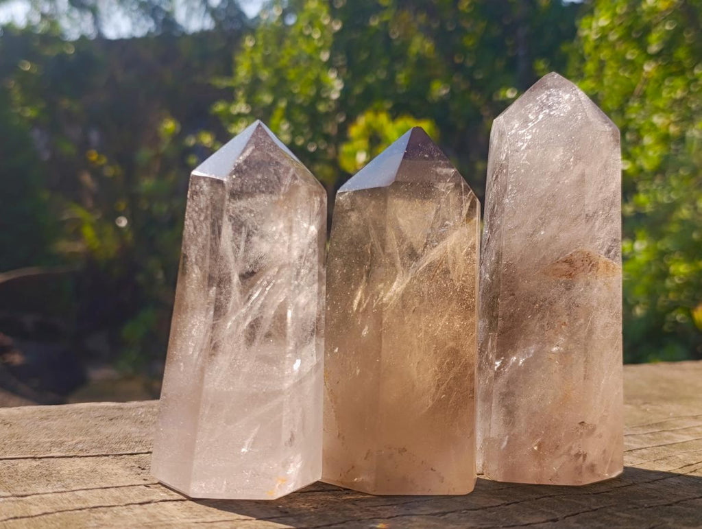 Polished Smokey Quartz Display Crystals with Rainbow Veils x 3 From Madagascar - Toprock Gemstones and Minerals 