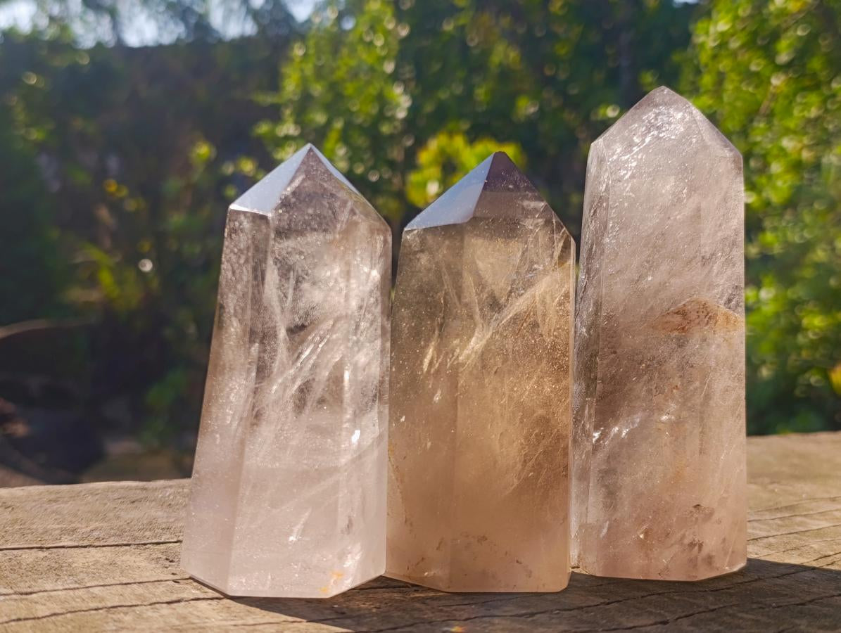 Polished Smokey Quartz Display Crystals with Rainbow Veils x 3 From Madagascar - Toprock Gemstones and Minerals 