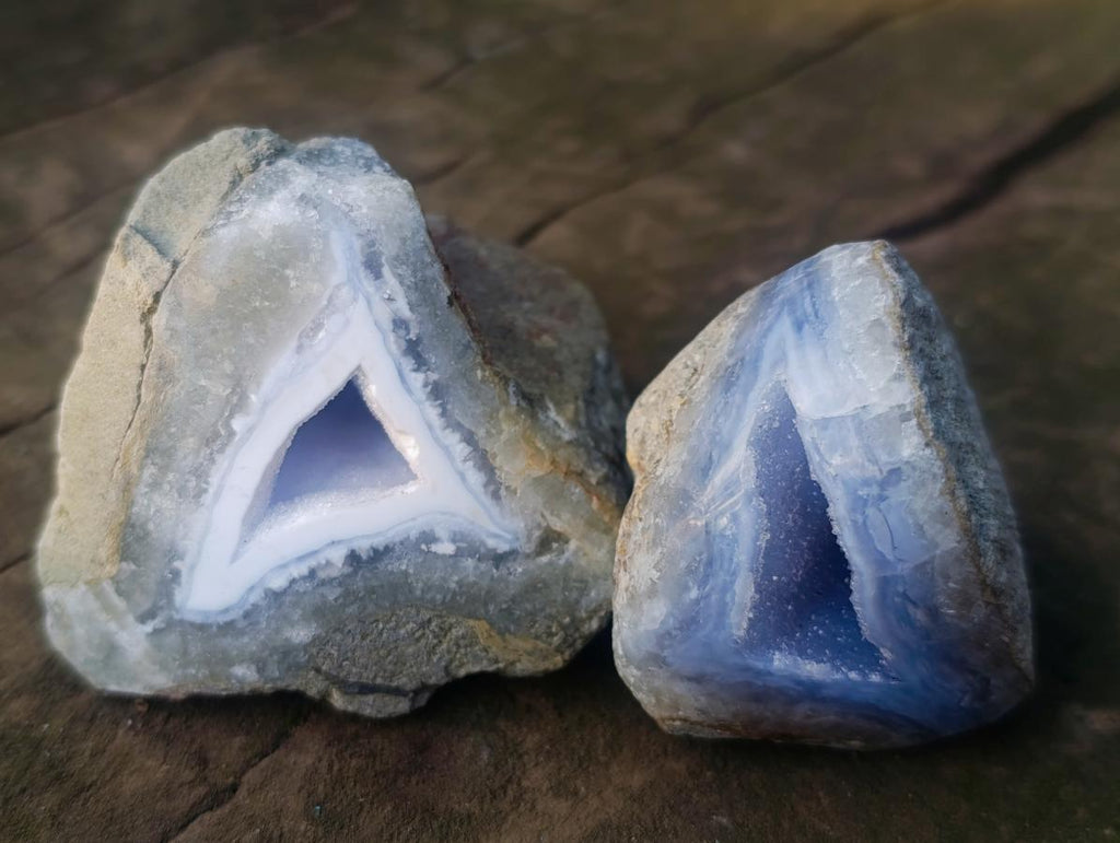 Polished on One Side Blue Lace Agate Geodes x 12 From Nsanje, Malawi - Toprock Gemstones and Minerals 