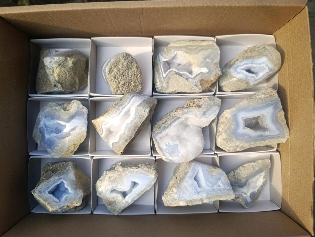 Polished on One Side Blue Lace Agate Geodes x 12 From Nsanje, Malawi - Toprock Gemstones and Minerals 