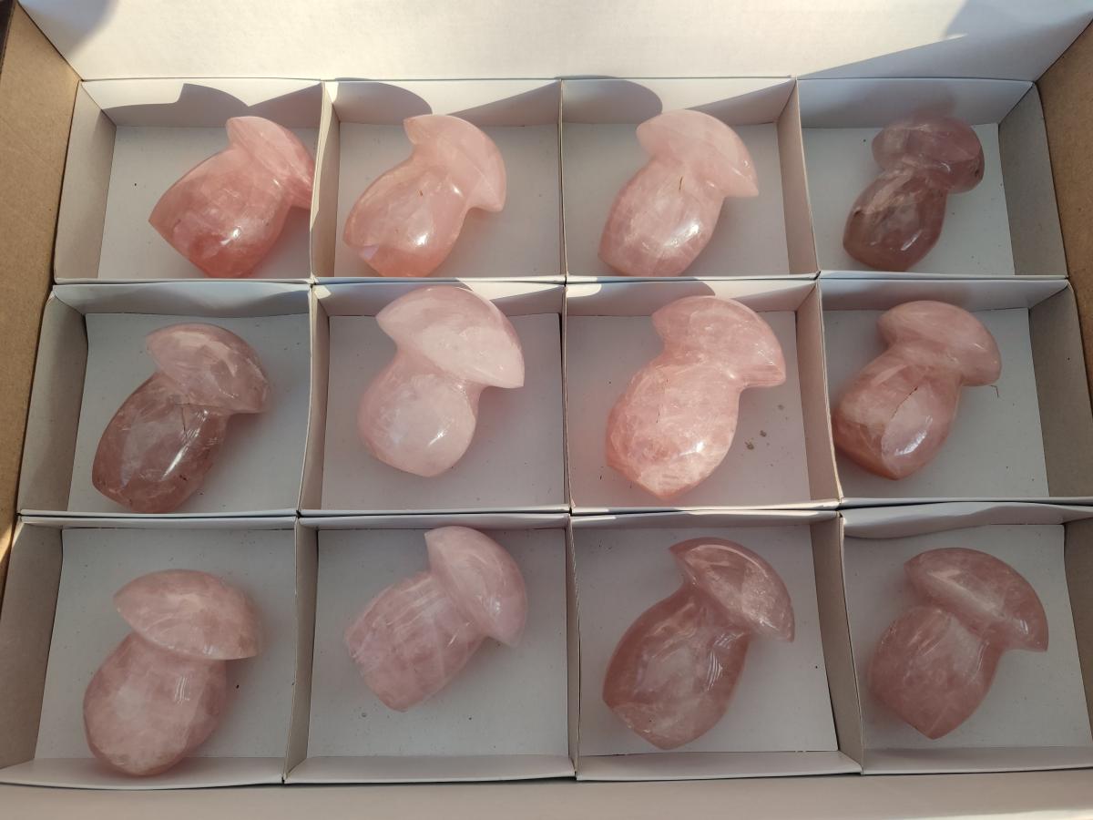 Polished Gemmy Rose Quartz Mushrooms x 12 From Madagascar - Toprock Gemstones and Minerals 