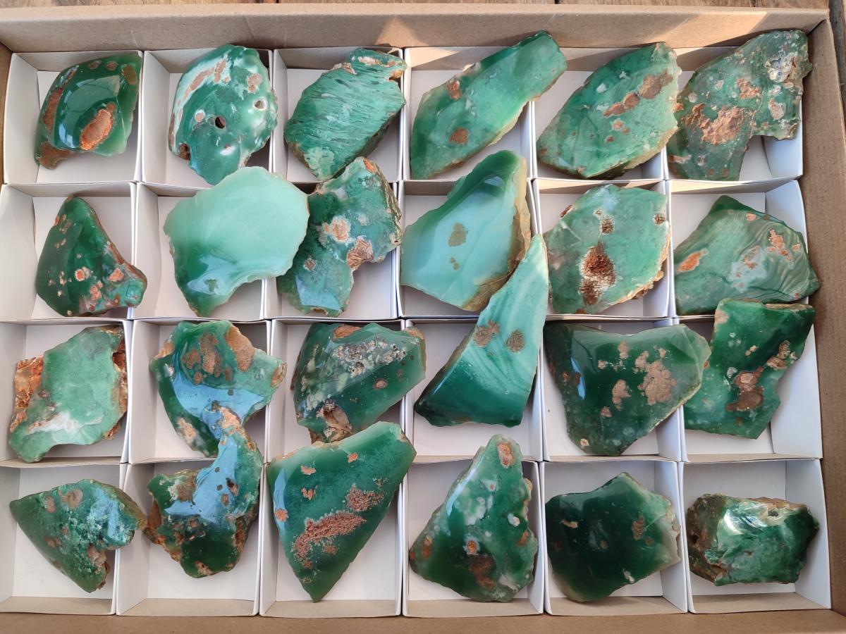 Polished One Side Mtorolite Chrysoprase Slices x 24 From Mutorashanga, Zimbabwe