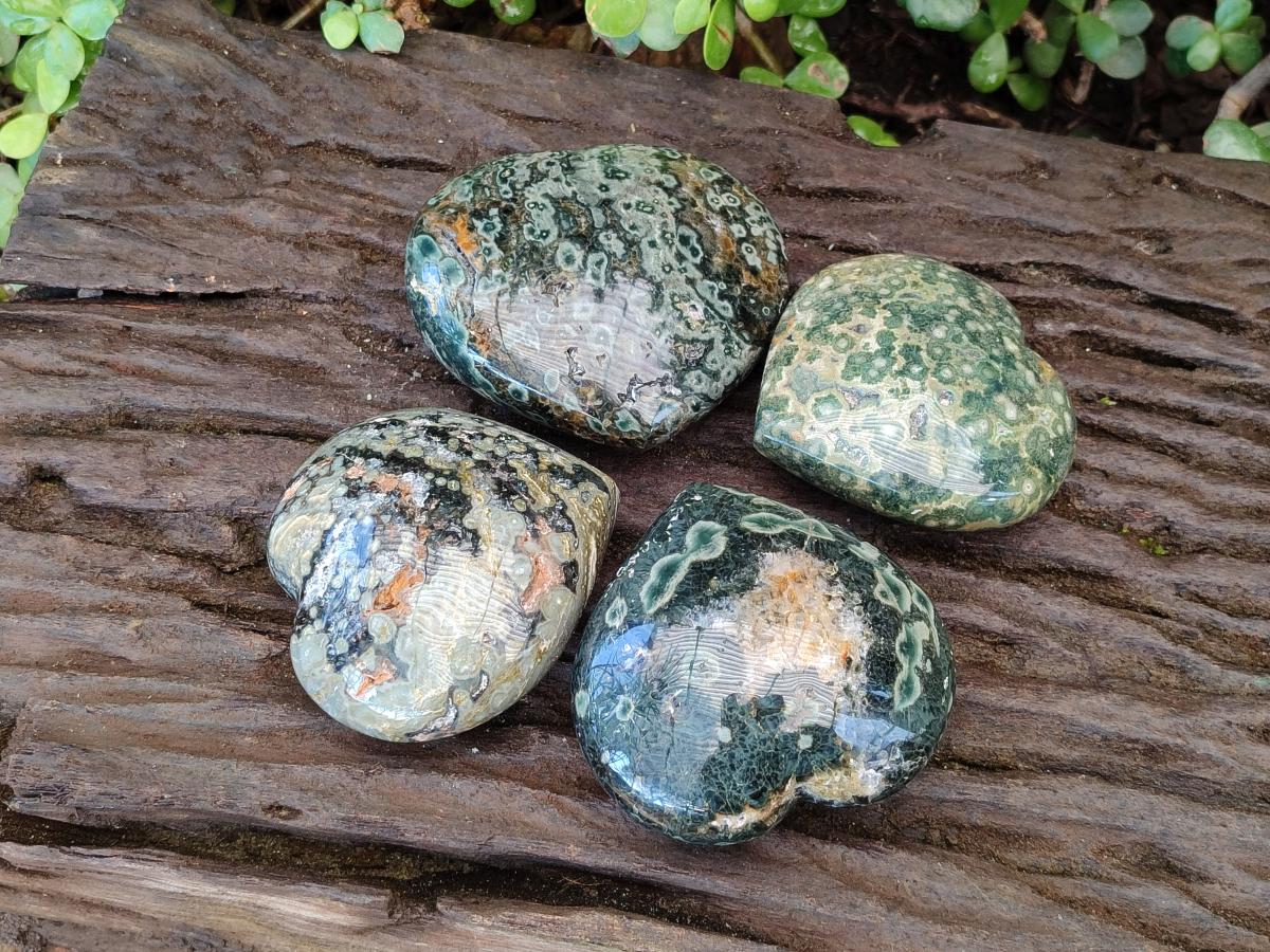 Polished Large Orbicular Ocean Jasper Hearts x 4 From Northwest Coast, Madagascar