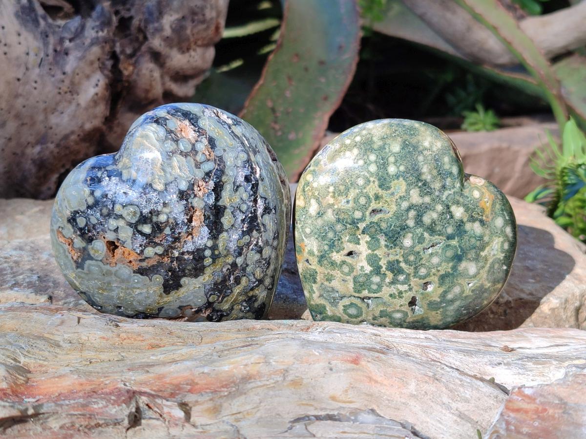 Polished Large Orbicular Ocean Jasper Hearts x 4 From Northwest Coast, Madagascar