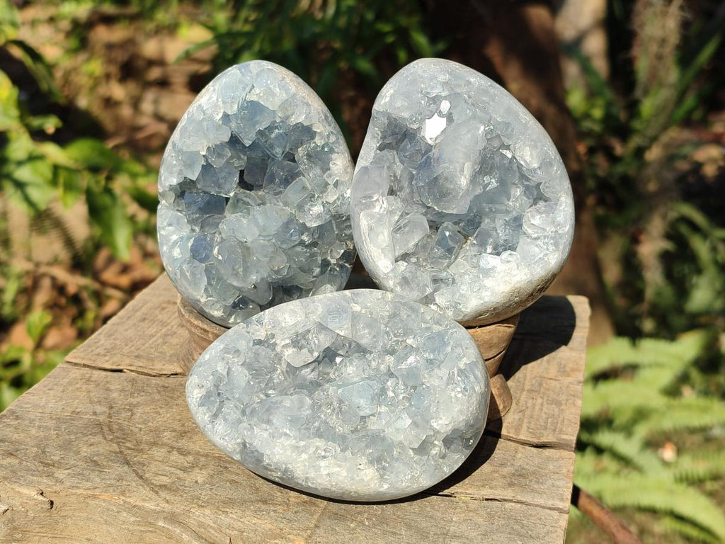 Polished and Natural Blue Celestite Eggs x 3 From Sakoany, Madagascar