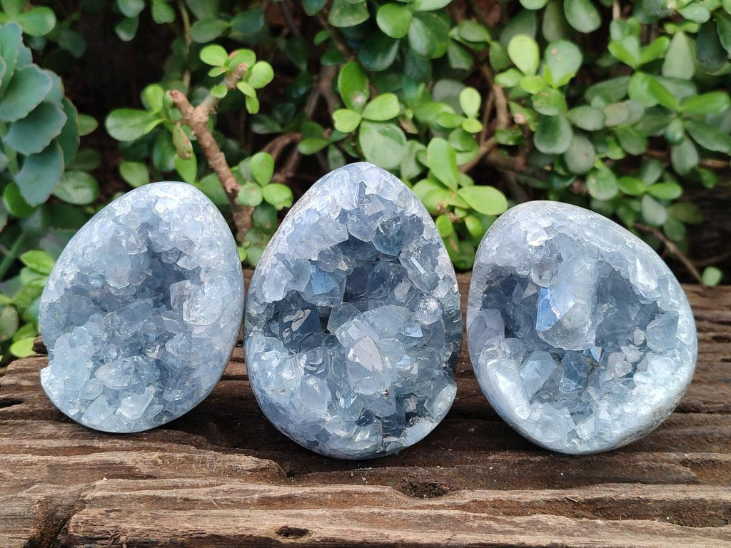 Polished and Natural Blue Celestite Eggs x 3 From Sakoany, Madagascar