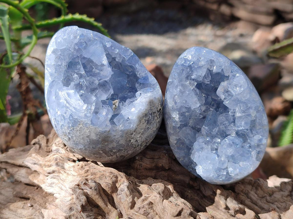Polished and Natural Blue Celestite Eggs x 3 From Sakoany, Madagascar