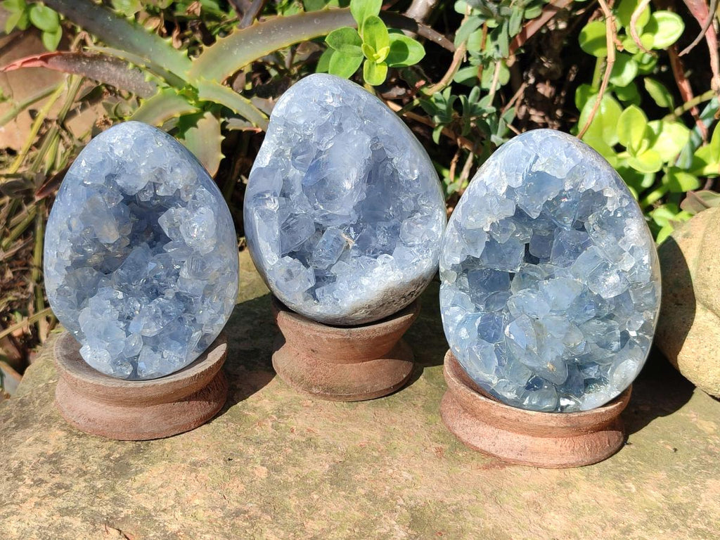 Polished and Natural Blue Celestite Eggs x 3 From Sakoany, Madagascar