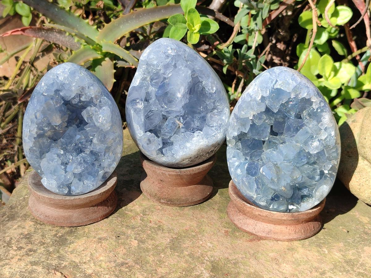 Polished and Natural Blue Celestite Eggs x 3 From Sakoany, Madagascar