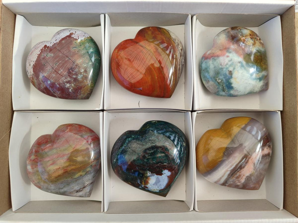 Polished Ocean Jasper Hearts x 6 From Northwest Coast, Madagascar