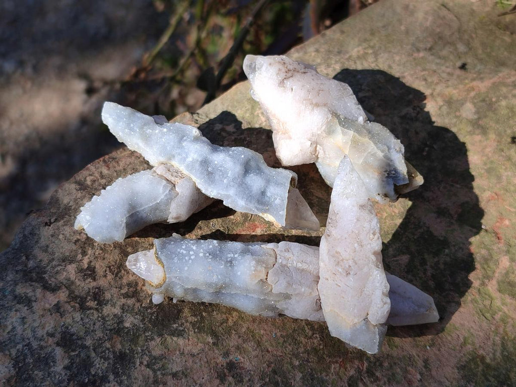 Natural Drusy Quartz Coated "Cock Spur" Calcite Crystals x 12 From Albert's Mountain, Lesotho