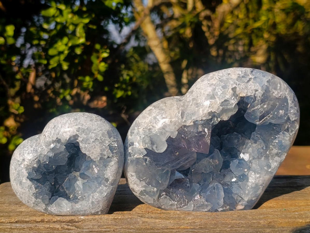 Polished and Natural Large Blue Celestite Hearts x 2 From Sakoany, Madagascar